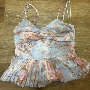 Francesca’s Floral Chiffon Pleated Babydoll Cami XS Blue Pink